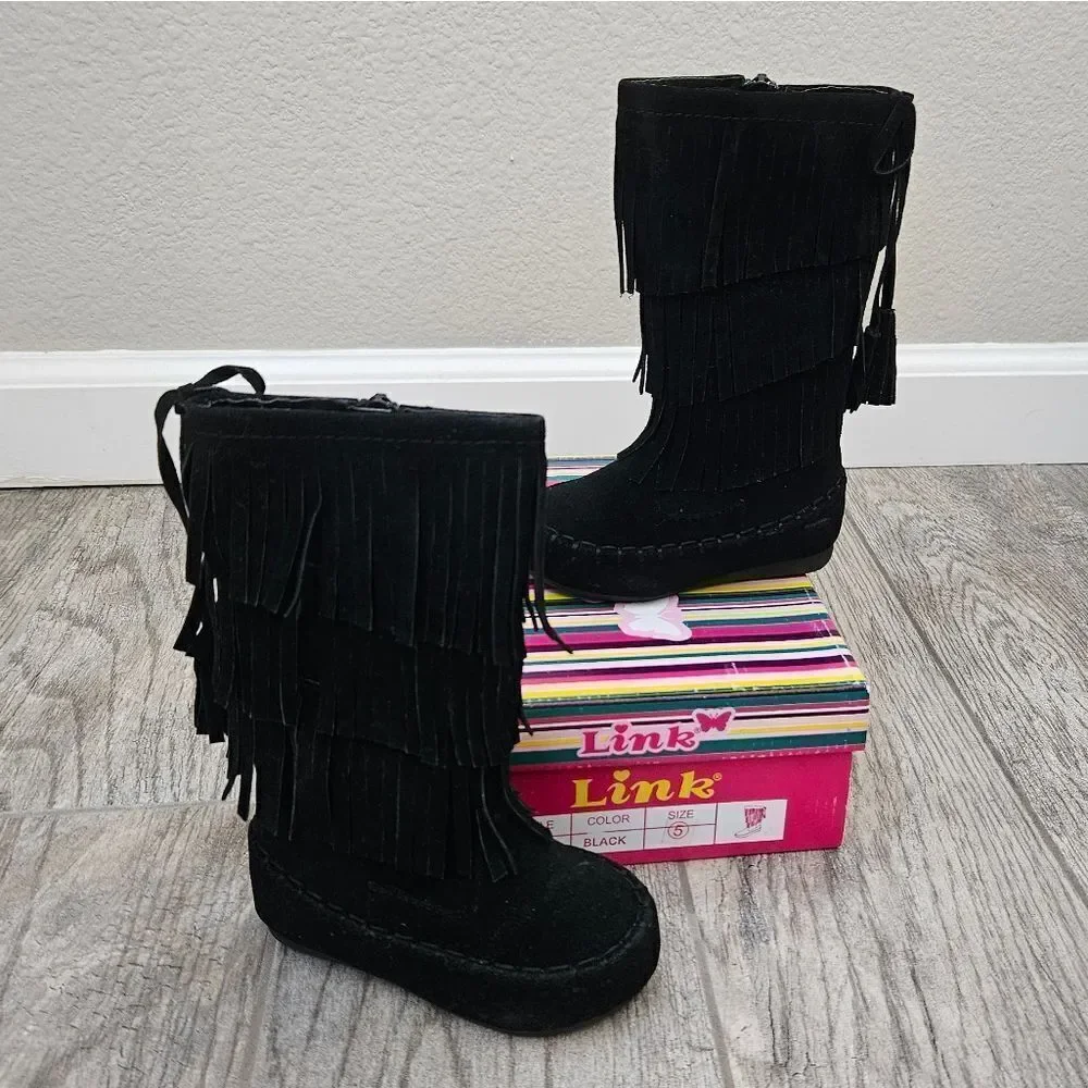 Link Candice 16KA Black Faux Suede Fringe Mid Calf Boots Size 5T